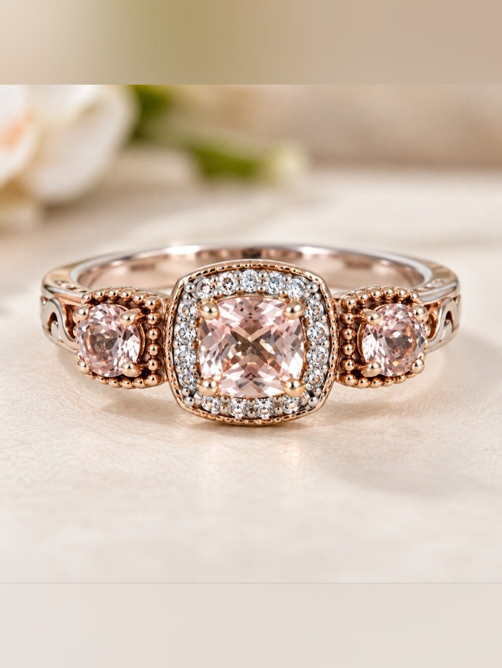 💍 Beautiful Light Pink Morganite Three-Stone Two-Tone Ring – Size 9